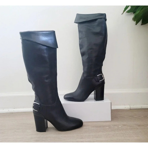Vince Camuto Black Sidney Leather Block Heel Tall Knee High Buckle Boots 8.5 - Picture 4 of 16